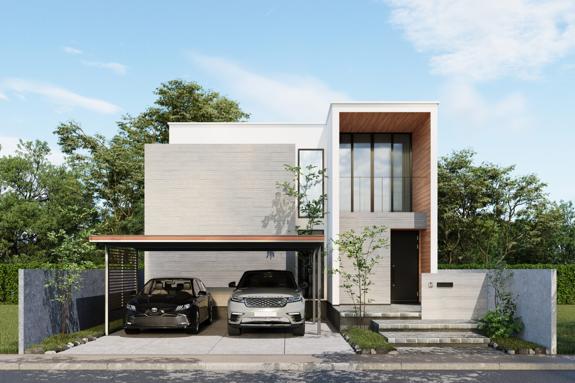 施工事例 No. 016 モダンな住宅にも！天然木とスチールフレームの高級カーポート